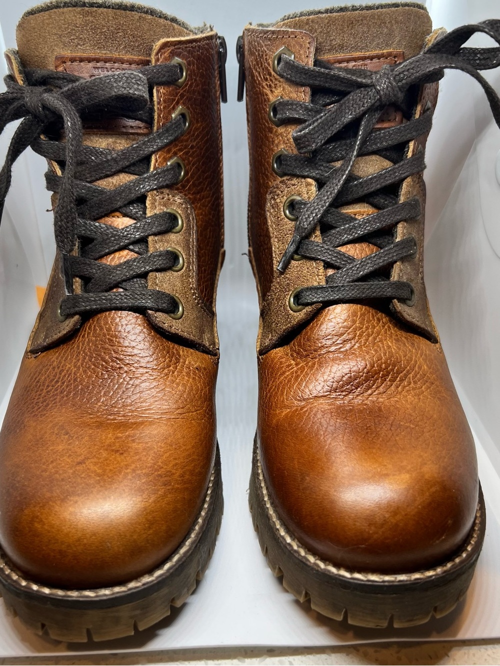 Bullboxer Cassie Brown Leather Heeled Combat Boots Knit Collar Size 7M